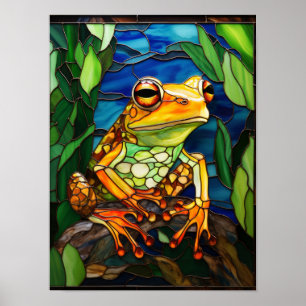 Poster Art de verre teinté de grenouille dans la forêt tr
