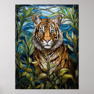 Poster Art de verre teinté de jungle de tigre