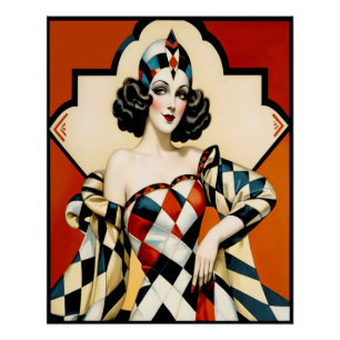 Poster Art Déco Arlequin Lady.