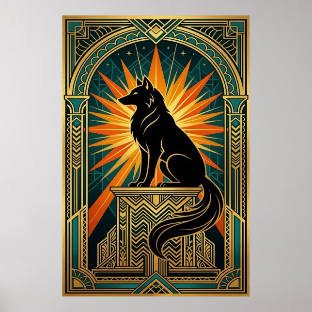 Poster Art Deco Howling Wolf Golden Sunburst (Devant)