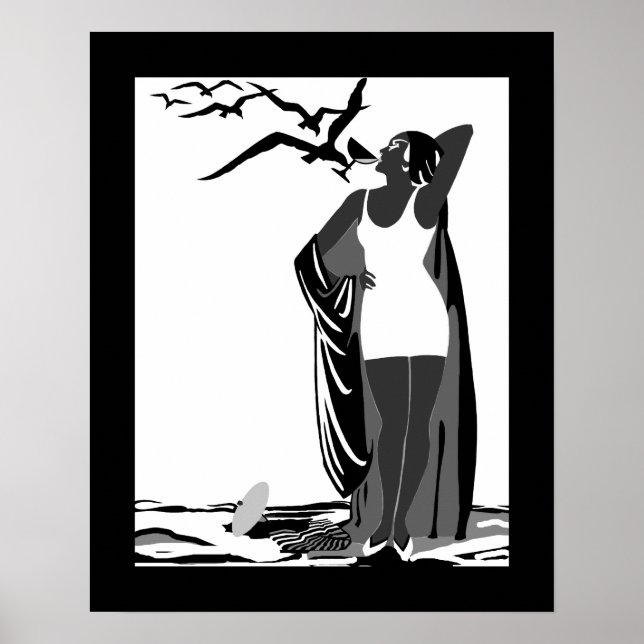 Poster ART DECO LADY Black White birds (Devant)