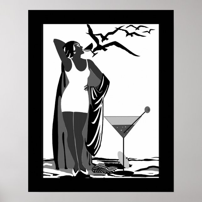 Poster ART DECO LADY Black White Martini (Devant)