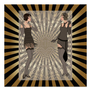 Poster Art déco, motif, rayures, or, noir, cru, chic,
