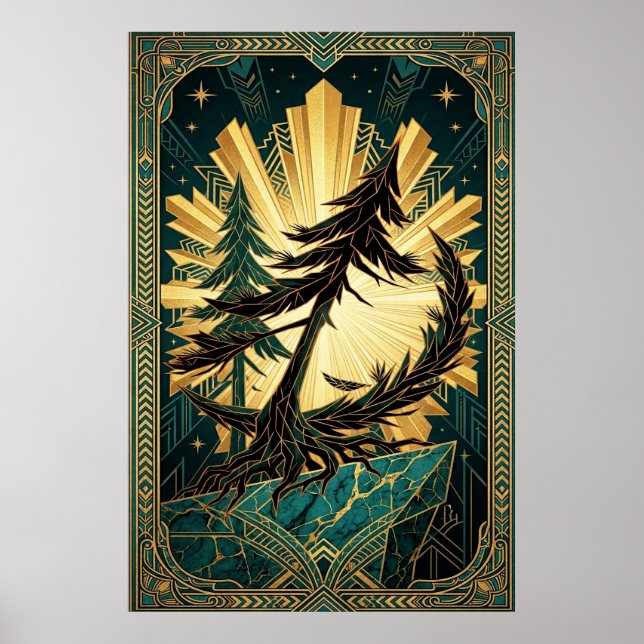 Poster Art Deco Pine Tree Silhouette Gold Teal Cliff Post (Devant)