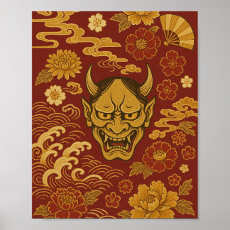 Poster "Art démon japonais traditionnel avec vagues flora