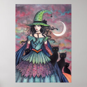 Poster Art d'Halloween de sorcière et de chats noirs