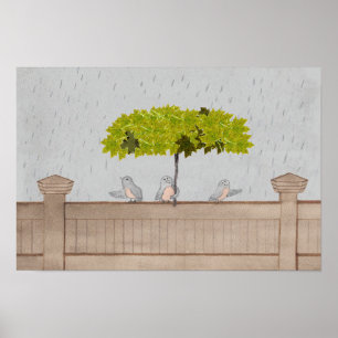 Poster Art d'oiseau 3 Oiseaux sous la pluie