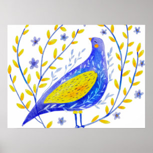 Poster Art d'oiseau bleu et jaune à l'aquarelle moderne