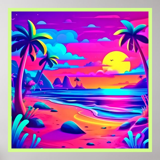 Poster Art du coucher de soleil sur la plage de Neon (Devant)