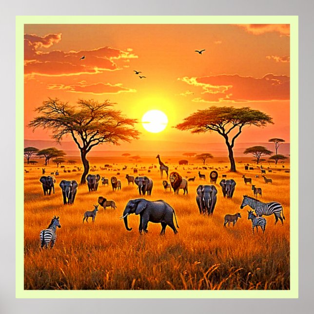 Poster Art du coucher de soleil sur la savane africaine (Devant)
