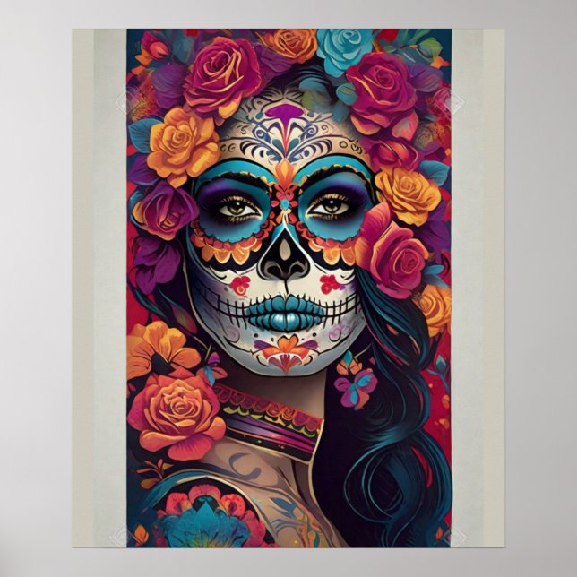 Poster Art du crâne de sucre expressif : Femme dans le cr (Devant)