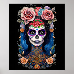 Poster Art du crâne de sucre - Femme dans Magnifique maqu