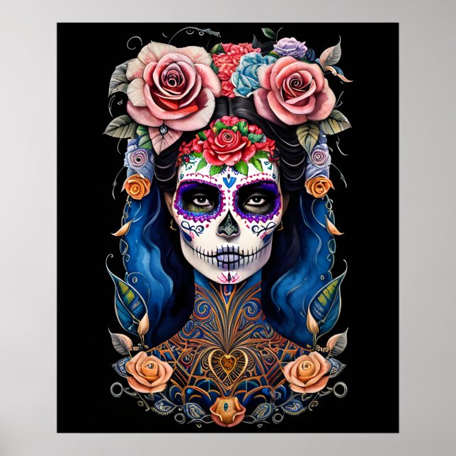 Poster Art du crâne de sucre - Femme dans Magnifique maqu (Devant)