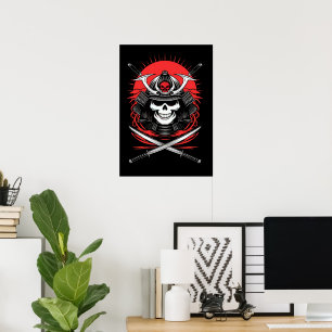 Poster Art du guerrier Samouraï Crâne Soleil Levant