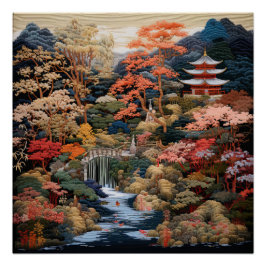 Poster Art du paysage japonais : Cascade et village