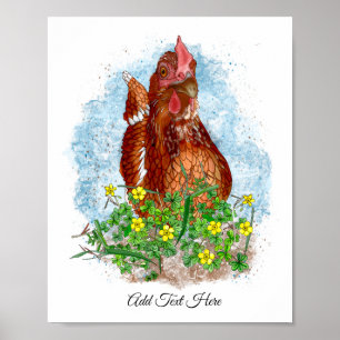 Poster Art du poulet tiré à la main Poulet mignon en fl