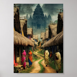 Poster Art du téléchargement numérique du village indien 