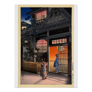 Poster art du village nocturne kasamatsu japonais