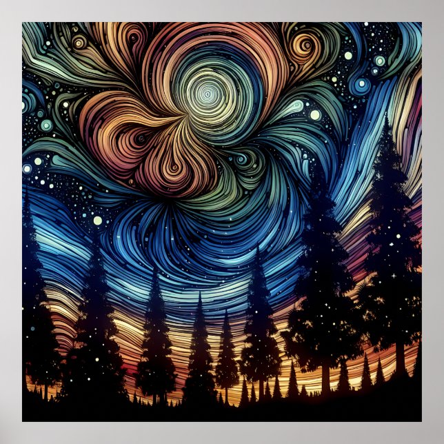 Poster Art Ethétique mystique avec arbres et ciel nocturn (Devant)