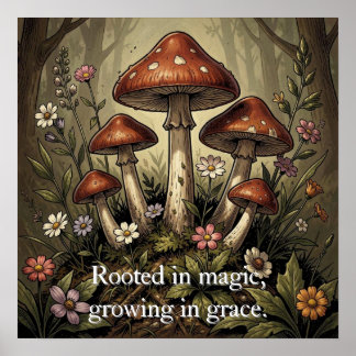 Poster Art Fleurs sauvages et champignons rouges vintage