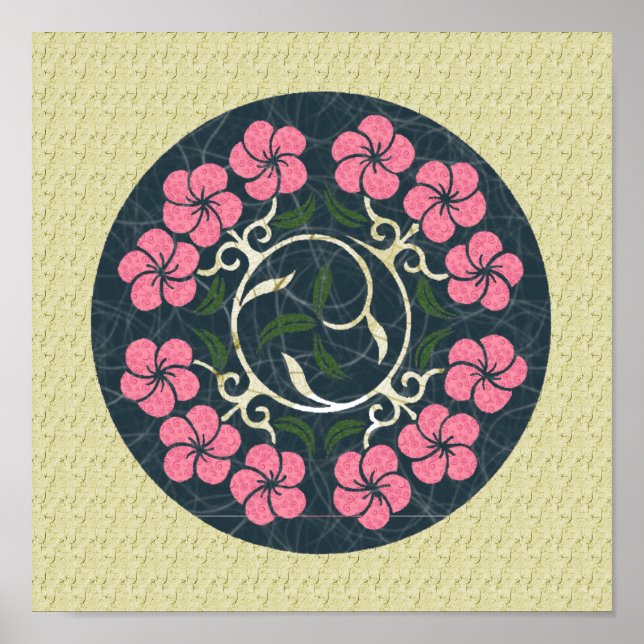 Poster Art Floral Arrondi Bleu Et Rose (Devant)