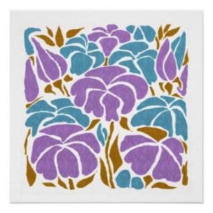 Poster Art floral bleu et jaune stylisé