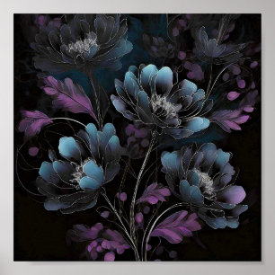 Poster Art floral bleu et pourpre foncé