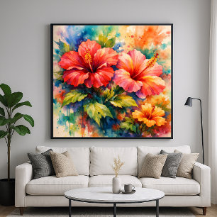 Poster Art floral coloré de style aquarelle Hibiscus