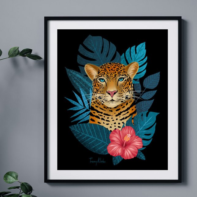 Poster Art Floral Jungle Leopard élégant | bleu marine (Créateur téléchargé)