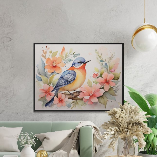 Poster Art floral oiseau aquarelle fantaisiste  (Créateur téléchargé)