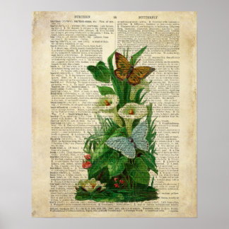 Poster Art floral papillon sur la page de dictionnaire vi