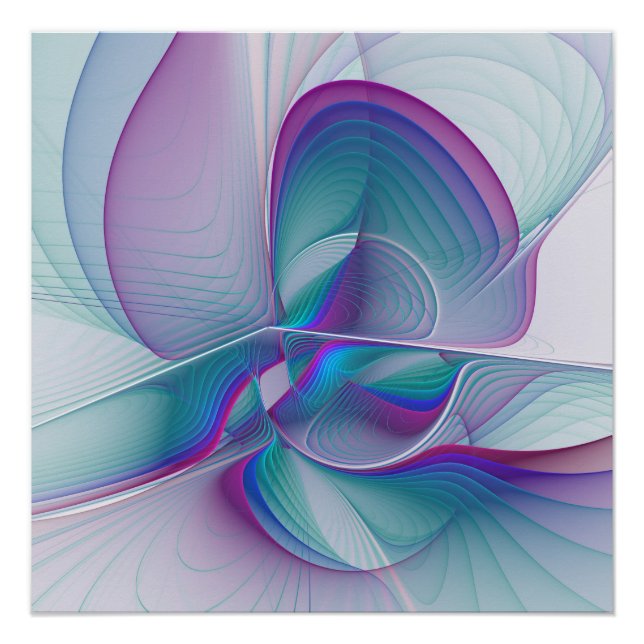 Poster Art Fractal Abstrait rose bleu turquoise (Devant)