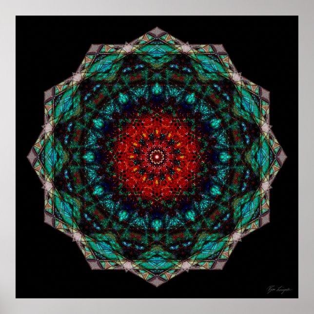 Poster Art géométrique mandala rouge turquoise complexe (Devant)