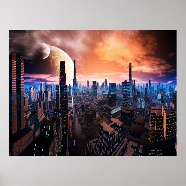 Poster Art Imaginaire Scifi 'Ville ne dort jamais' (Devant)