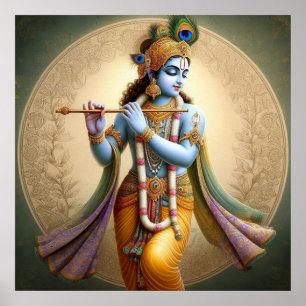 Poster Art Krishna au clair de lune : divinité de la flût