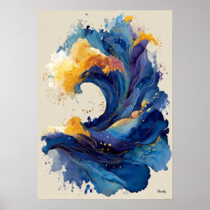 Poster Art liquide de vague océanique abstraite bleu or f