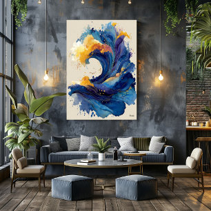 Poster Art liquide de vague océanique abstraite bleu or f
