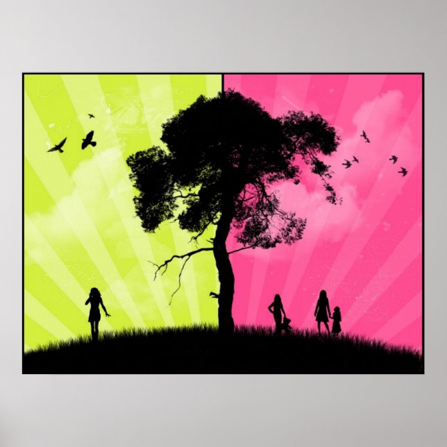 Poster Art moderne - Ciel vert et rose avec arbre (Devant)