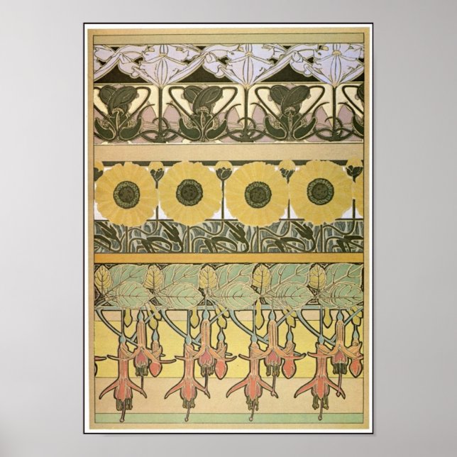 Poster Art nouveau alphonse mucha fuschia fleurs (Devant)