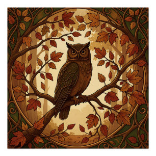 Poster Art Nouveau Forêt de Hibou d'Automne
