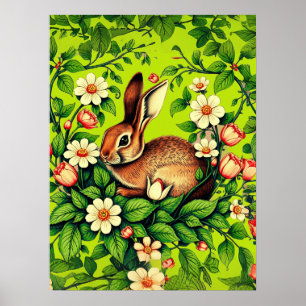Poster Art Nouveau Lièvre sauvage et fleurs