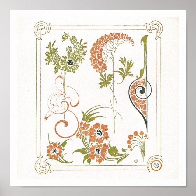Poster Art nouveau Mucha floral abstrait art pêches vert (Devant)