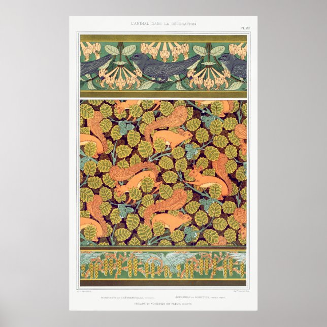 Poster Art nouveau squirrel bird floral fall textile art (Devant)