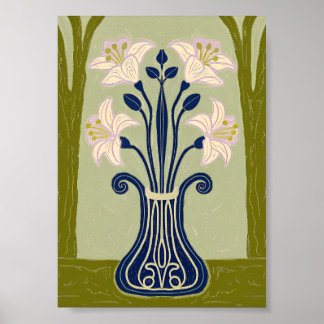 Poster Art Nouveau Symmetrical Lily Illustration in Cobal