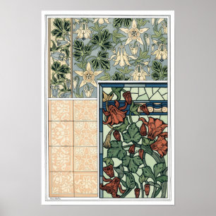 Poster Art Nouveau vintage, Columbine Aquilegia Flowers