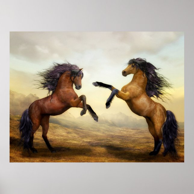 Poster Art numérique, chevaux sauvages s'élevant sur les  (Devant)