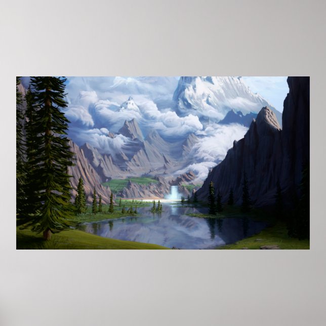 Poster Art numérique de cascade du lac Montagnes 3D illus (Devant)