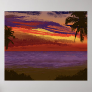 Poster Art numérique du coucher de soleil sur l'île tropi