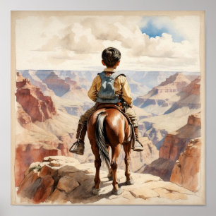 Poster Art occidental ethnique vintage garçon à cheval