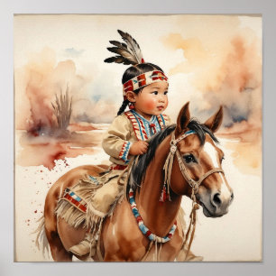 Poster Art occidental vintage Amérindien bébé sur un chev